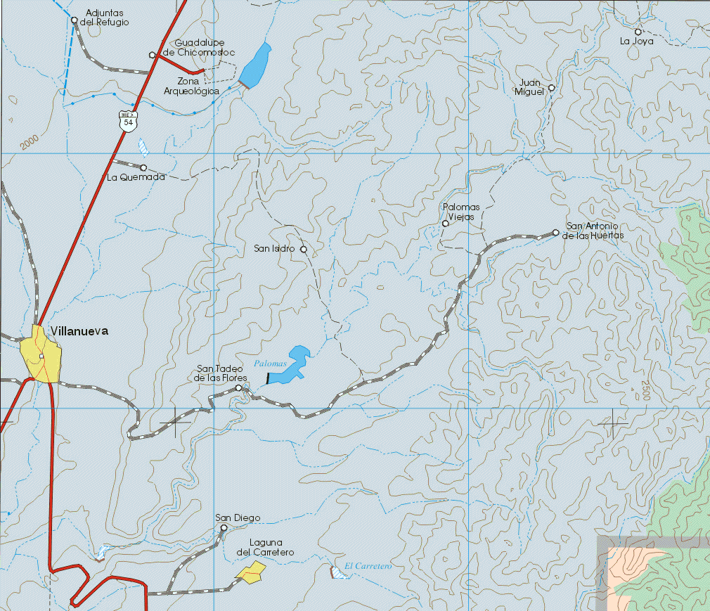 This map shows the major cities (ciudades) of Villa Nueva, Laguna del Carretero.