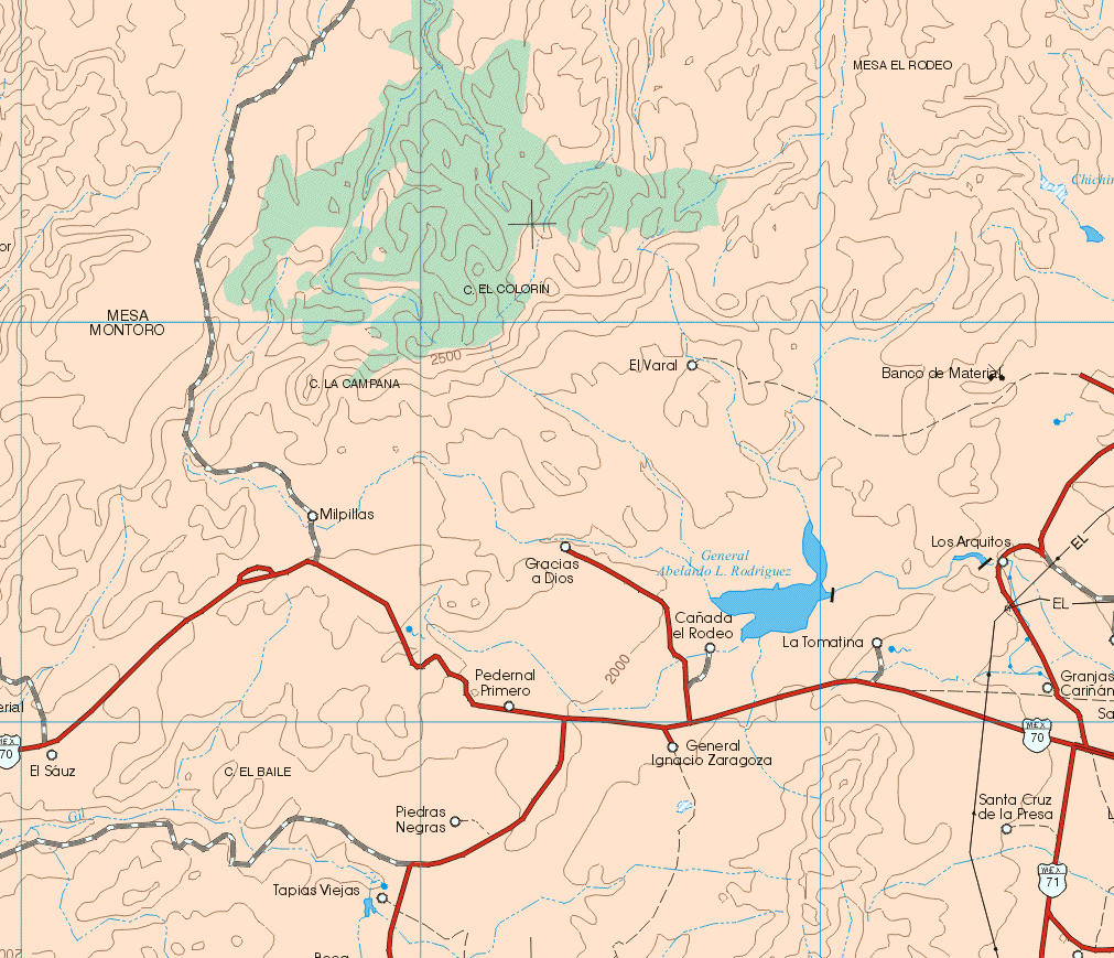 The map also shows the towns (pueblos) of Milpillas, El Sauz, Piedras Negras, Pedernal Primero, Gracias a Dios, Cañada el Rodeo, General Ignacio Zaragoza, La Tomatina, Los Arquitos, Santa Cruz de la Presa, Tapias Viejas, El Varal.