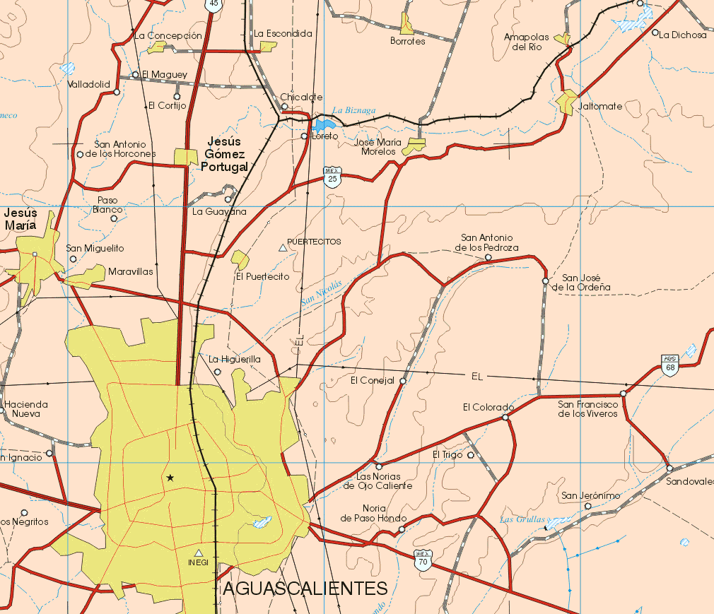 This map shows the major cities (ciudades) of Jesús Maria, La Concepción, La Escondida, Borrotes, Amapolas del Río, Jaltomate, José Maria Morelos, Jesús Gómez Portugal, Maravillas, El Pueblecito, Aguascalientes.The map also shows the towns (pueblos) of El Maguey, Valladolid, El Cortijo, San Antonio de los Horcones, Chicalate ,La Guayana, Loreto, La Dichosa, Paso Blanco, San Miguelito, San Antonio de la Pedroza, San Jose de la Ordeña, La Higuerilla, El Conejal, El Colorado, San Francisco de los Viveros, Hacienda Nueva, San Ignacio, Las Norias de Ojo Caliente, Noria de Paso Hondo, El Trigo, San Jerónimo.