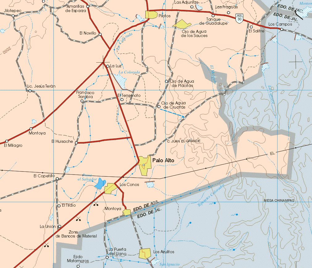 This map shows the major cities (ciudades) of Pilotos, Ojo de Agua de los Sauces, Palo Alto, Los Conos, Montoya.The map also shows the towns (pueblos) of Jilotepec, Amarillas de Esparza, EL Novillo, Las Adjuntas, Tanque de Guadalupe, Las Fraguas, El Salitre, La Luz, Lic. Jesús Terán, La Luz, ojo de Agua de Placitas, Francisco Sarabia, El Terremoto, Ojo de Agua de Crucitas, El Milagro, Montoya, El Huisache, C. Juan el Grande, El Copetillo, El Tildio, La Unión.