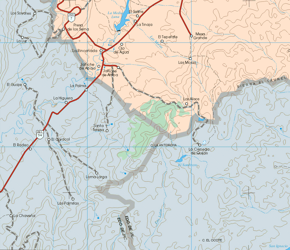 The map also shows the towns (pueblos) of Presa de los Serna, El Salitre, La Tinaja, El Tepetate, Mesa Grande, La Rinconada, Ojo de Agua, Las Moras, Jaltiche de Abajo, Jaltiche de Arriba, Los Alisos.