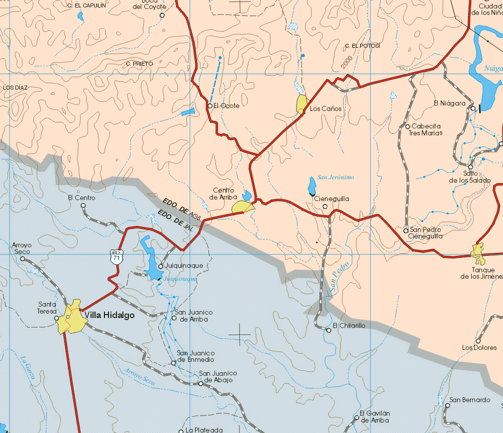 This map shows the major cities (ciudades) of Las Caños, Centro de Arriba, Tanque de los Jiménez.The map also shows the towns (pueblos) of Boca del Coyote, El Ocote, Ciudad de los Niños, El Niagara, Cabecita Tres Marías, Salto de lo Salado, Cieneguilla, San Pedro de Cieneguilla, Los Dolores.