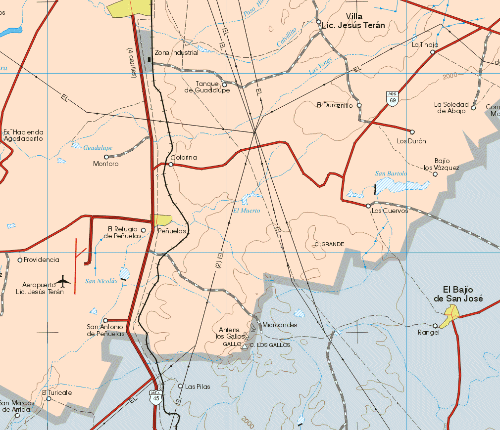 This map shows the major cities (ciudades) of Peñuelas.The map also shows the towns (pueblos) of Ex Hacienda Agostaderito, Tanque de Guadalupe, Villa Lic. Jesús Terán, La Tinaja, La Soledad de Abajo, El Duraznillo, Los Duran, Catarina, Bajío los Vázquez, Los Cuervos, Montoro, Refugio de Peñuelas, Providencia, San Antonio de Peñuelas, El Turicate.