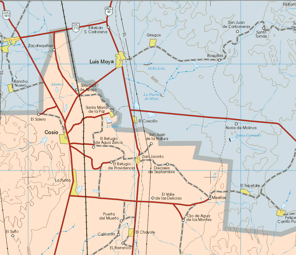 This map shows the major cities (ciudades) of Santa Maria de la Paz, Cosió, San Jacinto, La Punta, El Chayote.The map also shows the towns (pueblos) of Zacatequillas, Soledad de Abajo, El Salero, El Refugio de Agua Zarca, San Juan de la Natura, El Refugio de Providencia, Dieciséis de Septiembre, El Salto, El Valle de las Delicias, Puerta del Muerto, California, El Barranco, Ojo de Agua de los Montes, Mesillas.