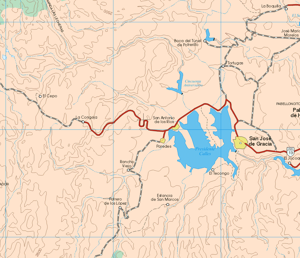 This map shows the major cities (ciudades) of San Antonio de los Rios, San José de Gracia, Paredes.The map also shows the towns (pueblos) of La Boquilla, José Maria Morelos, Boca del Túnel del Potrerillo, Tortugas, El Cepo, La Congoja, Rancho Viejo, el Tecongo, El Jocoque, Potrero de los López, Estancia de San Marcos.