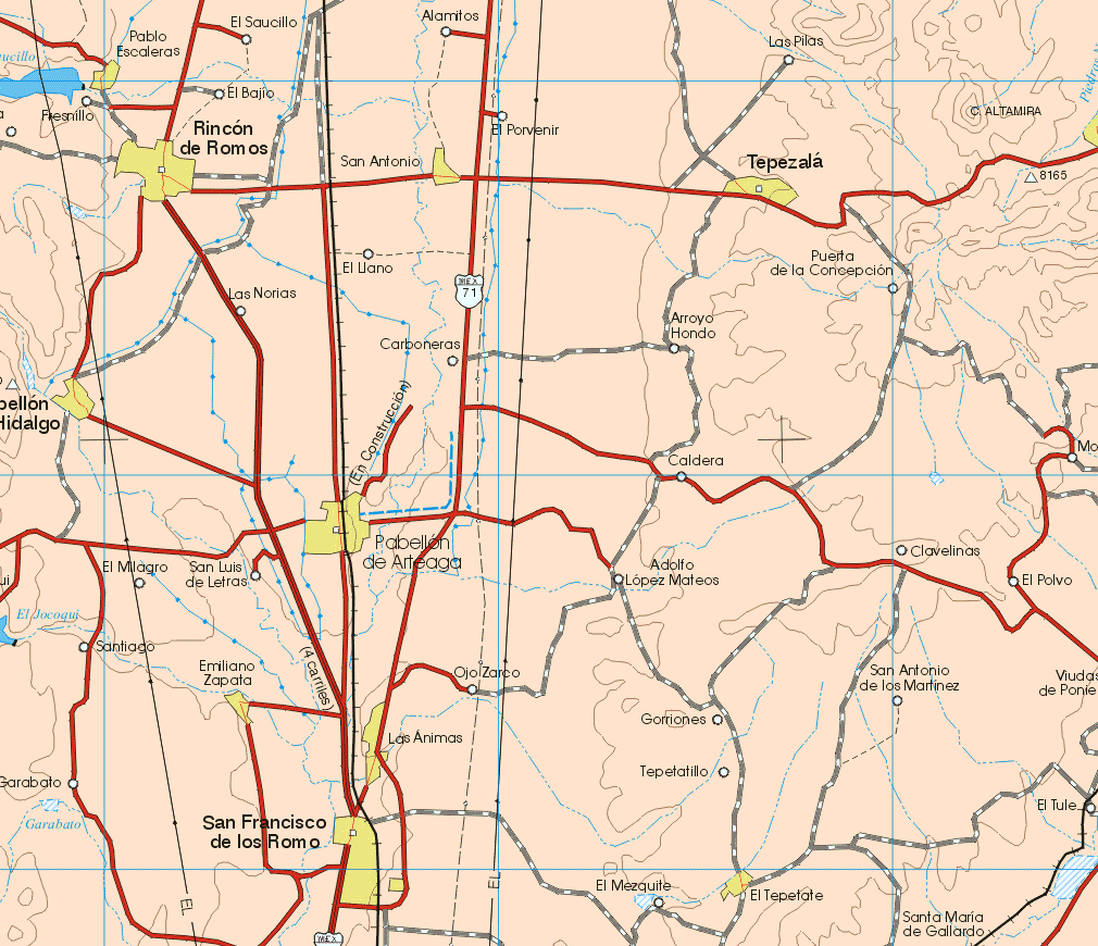 This map shows the major cities (ciudades) of Pablo Escaleras, Rincón de Romos, Tepezala, San Antonio, Pabellón de Hidalgo, Pabellón de Arteaga, Emiliano Zapata, Las Animas, San Francisco de los Romo, El Tepetate.The map also shows the towns (pueblos) of Fresnillo, El Saucillo, el Bajillo, Alamitos, Las Pilas, El Porvenir, Las Norias, El Llano, Arroyo Hondo, Puerta de la Concepción, Carboneras, Caldera, El Milagro, San Luis de Letras, Santiago, Garabato, Ojo Zarco, Adolfo López Mateos, Gorriones, Tepetatillo, El Mezquite, San Antonio de los Martínez, Clavelinas, El Polvo, Viudas de Poniente, El Mezquite, El Tule, Santa Maria de Gallardo.