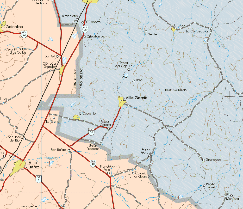 This map shows the major cities (ciudades) of Asientos, Ciénega Grande, Villa Juárez.The map also shows the towns (pueblos) of Colonia Plutarco Elías Calles, San Gil, La Gloria, San José del Río, San Rafael, Unión Progreso, Francisco Villa, Colonia Emancipación.