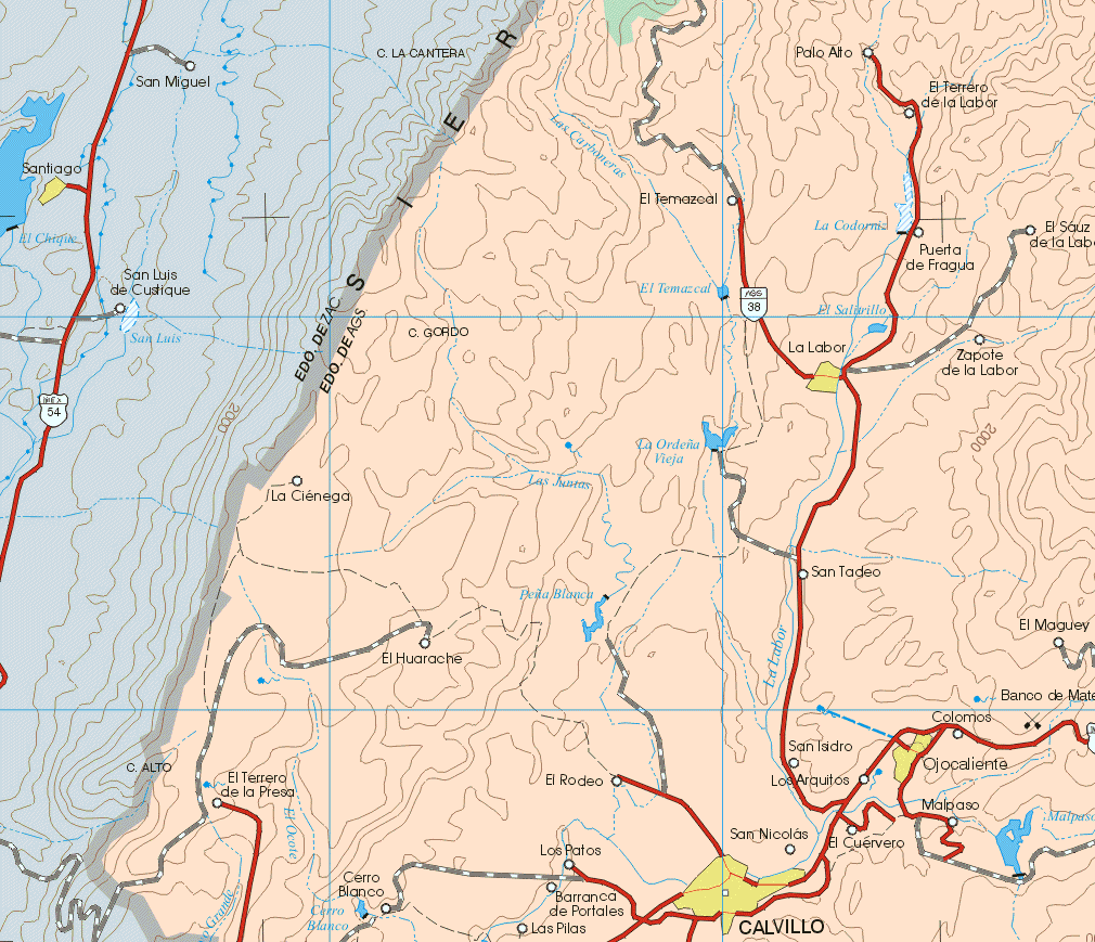 This map shows the major cities (ciudades) of La Labor, Ojo Caliente, Calvillo.The map also shows the towns (pueblos) of Palo Alto, El Terrero de la Labor, El Temascal, Puerta de Fragua, El Sauz de la Lab., Zapote de la Labor, La Ciénega, San Tadeo, El Maguey, El Guarache, El Terrero de la Presa, Cerro Blanco, Las Pilas, Barranca de Portales, El Rodeo, San Nicolás, San isidro, Los Arquitos, Colomos, Malpaso, El Cuervero.