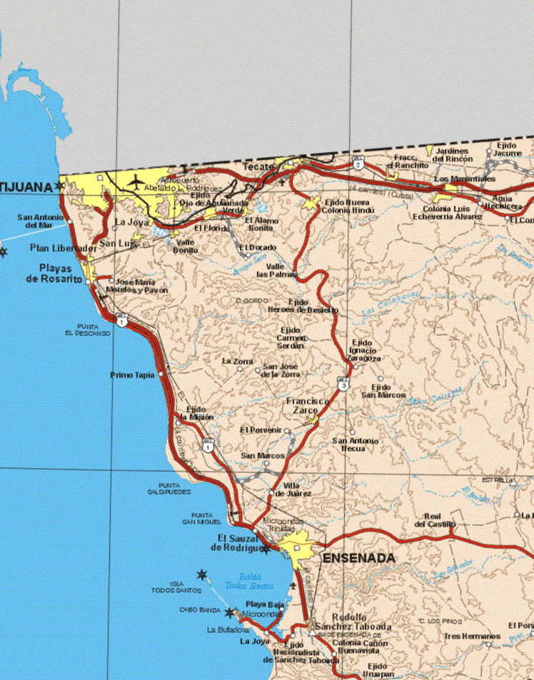 This map shows the major cities (ciudades) of Tijuana, Plan Libertador, Playas de Rosarito, Valle Bonito, El Florido, Ejido Ojo de Aguacañada, El Alamo Bonito, Tecate, Ejido Nueva Colonia Hindu, Fraccionamiento el Ranchito, Jardines del Rincón, Los Manantiales, Colonia Luis Echeverria Alvarez, Francisco Zarco, Ensenada, Rodolfo Sánchez taboada. The map also shows the towns (pueblos) of San Antonio del Mar, La Joya, Jose Maria Morerlos y Pavon, El Dorado, Valle las Palmas, Ejido Jacurre, Agua Hechizera, Ejido Heroes del Desierto, Ejido Carmen Serdan, Ejido Ignacio Zaragoza, primo Tapia, la Zorra, San Jose de la Zorra, Ejido San Marcos, Francisco Zarco, Ejido la Misión, el provenir, San Antonio Flecua, San Marcos, Villa de Juárez, El Sauzal Rodríguez, Cabo Banda, La Joya, Ejido Nacionalista de Sánchez Taboada, Colonia Cañon Buenavista, Ejido Uruapan, Tres Hermanos.