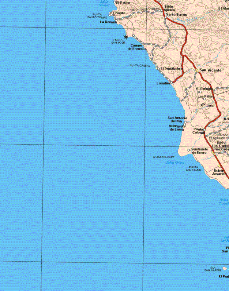 This map shows the major cities (ciudades) of San Vicente, Ejido Lic. Gustavo Diaz ordaz, Ruben Jaramillo.The map also shows the towns (pueblos) of El Retiro, El Puerto, La Bocana, Ejido Ajusco, Santo Tomas, Punta San Jose, Campo de En medio, El destiladero, Erendira, El Refugio, las Pilitas, San Antonio del Mar, Veintisiete de enero, Punta Coronel, Veintisiete de Enero