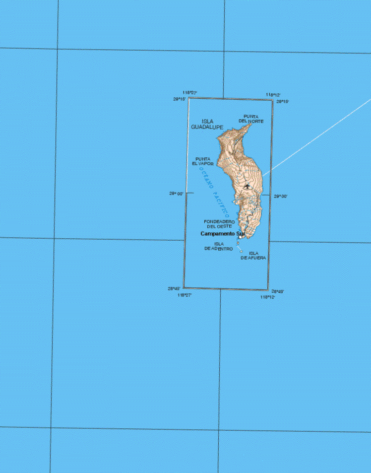 This map shows the major cities (ciudades) of Isla Guadalupe, Campamento Sur.