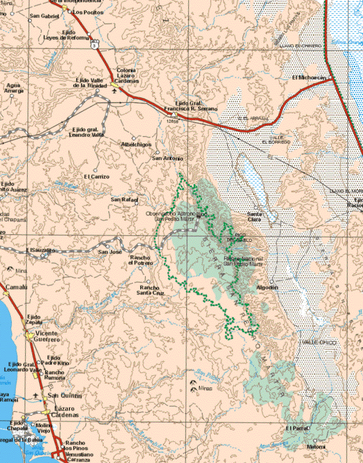 This map shows the major cities (ciudades) of Colonia Lazaro Cardenaz, Ejido Gral. Francisco R. Serrano, Camalu, Ejido Zapata, Vicente Guerrero, Ejido Gral. Leandro Valle, San Quintin, Lazero Cardenas, Ejido Chapala. The map also shows the towns (pueblos) of Los Positos, San Gabriel, Ejido Leyes de Reforma, Agua amarga, ejido de la Trinidad, El Michoacán, Ejido Leandro Valle, Abelchingos, San Antonio, el Carrizo, San Rafael, Santa Clara, El Sauzalito, San jose, Rancho el potrero, Rancho Santa Cruz, Algodón, Ejido padre Kino, Rancho Ramona, Molino Viejo, Rancho los Pinos, Venustiano Carranza, El Parral, Matomi.