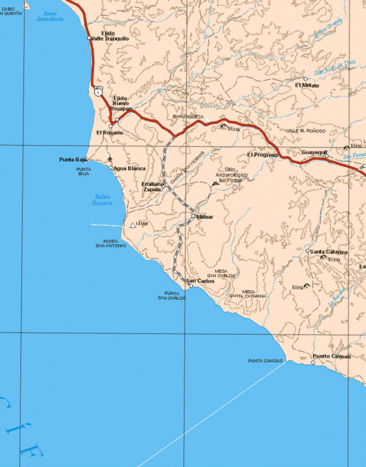  This map shows the towns (pueblos) of Ejido Valle Tranquilo, El Metate, Ejido Nuevo Uruapan, El Rosario, El progreso, Guayaquil, Punta Baja, Agua Blanca, Emiliano Zapata, Malvar, Santa Catarina, San carlos, Puerto Canoas.