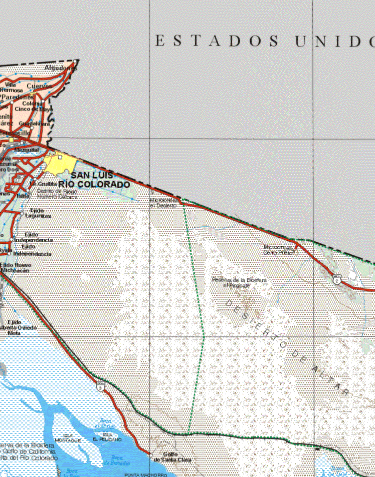 This map shows the major cities (ciudades) of Cuervos, San Luis Rio Colorado, Hermosillo. The map also shows the towns (pueblos) of Villa Hermosa, paredones, Algudonias, Colonia Cinco de Mayo, Guadalajara, mezquital, La Grutita, ejido Laguinitas, Ejido independencia, independencia, Ejido Nuevo Michoacán.