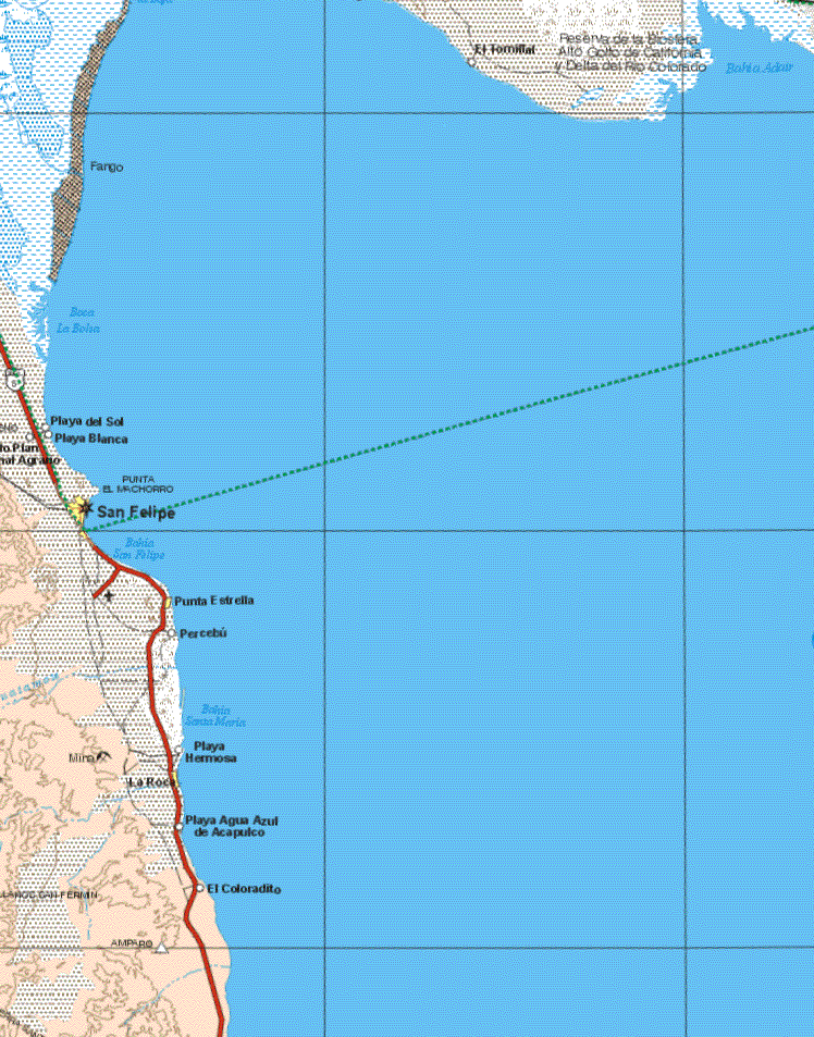 This map shows the major cities (ciudades) of San Felipe, Punta de Estrella, La Roca. The map also shows the towns (pueblos) of Playa del Sol Blanca, percerebu, Playa hermosa, Playa Agua Azul de Acapulco, El Coloradito.