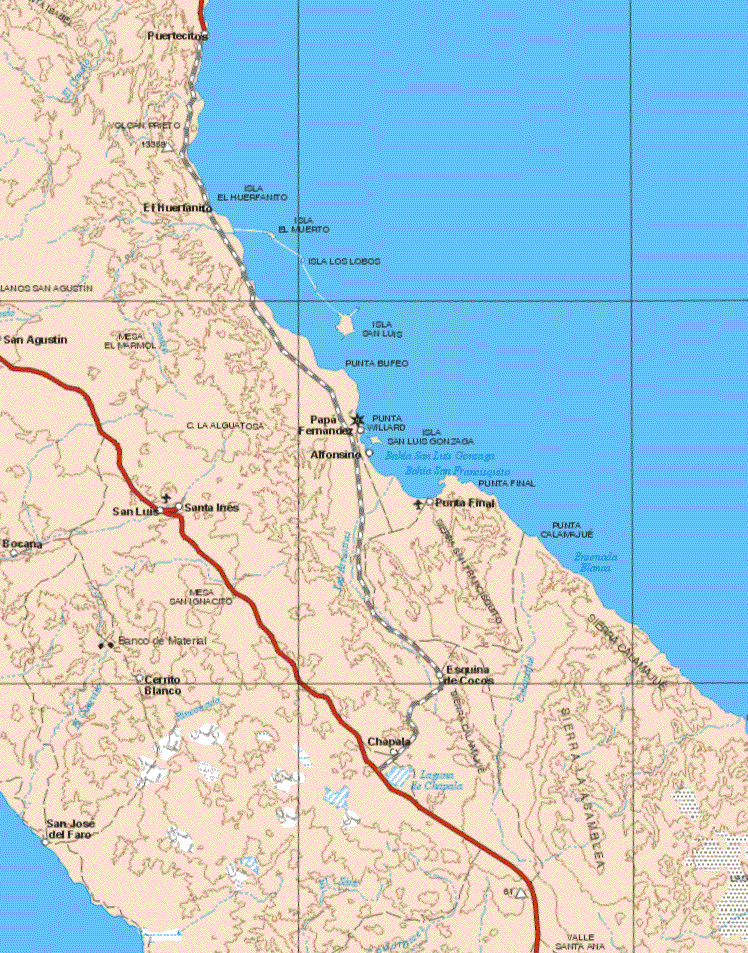 The map shows the towns (pueblos) of Puertecitos, El Huerfanito, San Agustín, Papa Fernández, Alfonsino, Punta Final, San Ines, San luis, Bocana, Cerrito Blanco, esquina de Cocos, Chapala, San Jose del Faro.