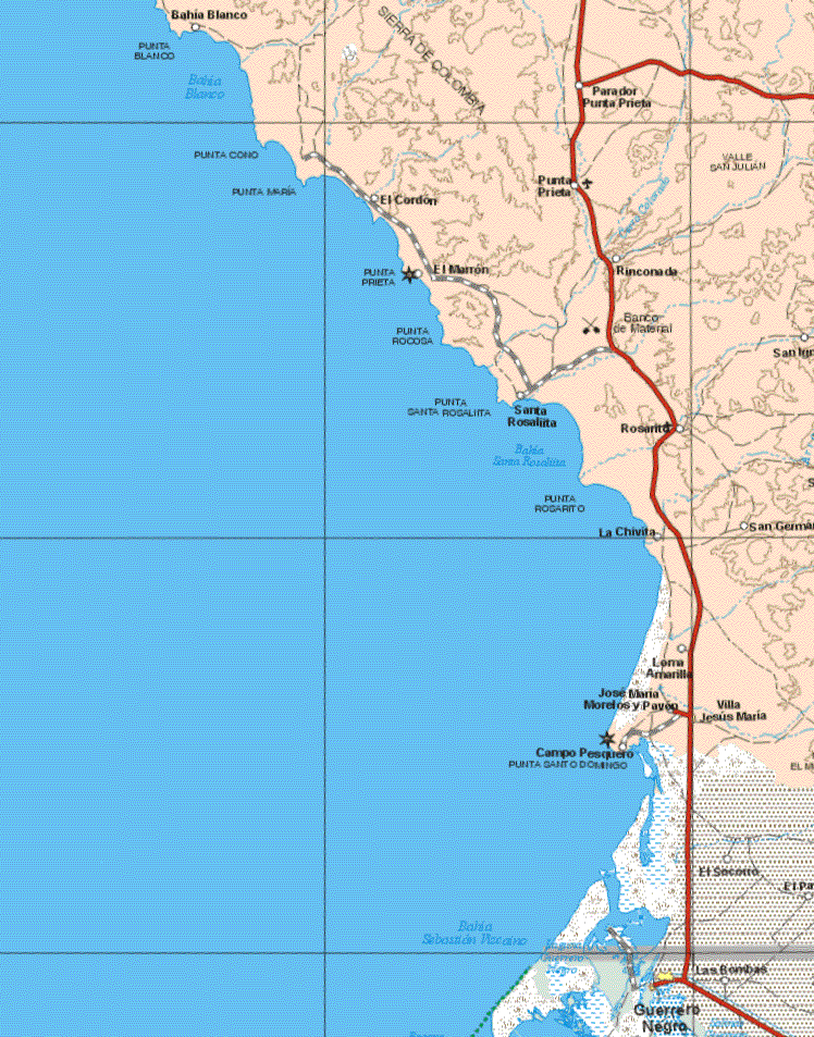 The map shows the towns (pueblos) of Bahia Blanco, Parador Punta Prieta, Punta Prieta, El Cordón, El Marron, Rinconada, Santa Rosalita, La Chivita, Loma amarilla, Jose M. Morelos y pavon Campo pesquero, Villa Jesús Maria and San German.