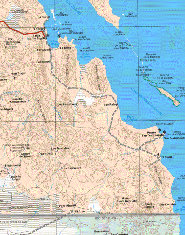 This map shows the major cities (ciudades) of La Gringa, La Silica, Bahia de los Angeles, La Mona, El Porvenir, Las Flores, San Borja, Rancho Campo StelaLos Paredones, San Rafael, puerto San Francisquito, Los Tepetates, La Huerta, Campo del Monte, El Mezquital, Rancho Alegre, La Esperanza, El Arco, Pozo A., Misión Santa Gertrudis, Santa Barbara, Los Corrales, El Barril.