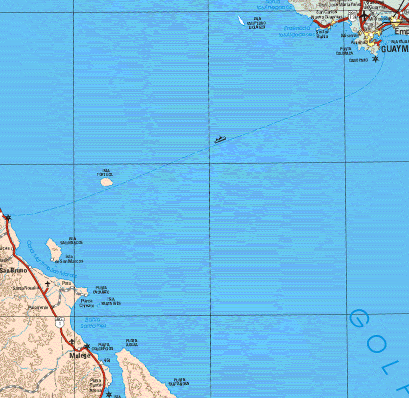 This map shows the major cities (ciudades) of Mulege, Guaymas, Miramar.The map also shows the towns (pueblos) of Isla San Marcos, Isla Tortuga, San Bruno, Santa Rosalía, Punta Chivato, Palo Verde, Mulege, Playa Punta Arena.