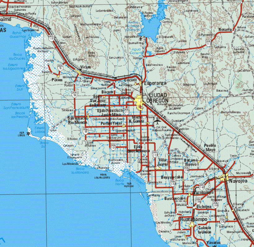 This map shows the major cities (ciudades) of Ciudad Obregon, Navojoa, Huatabampo.