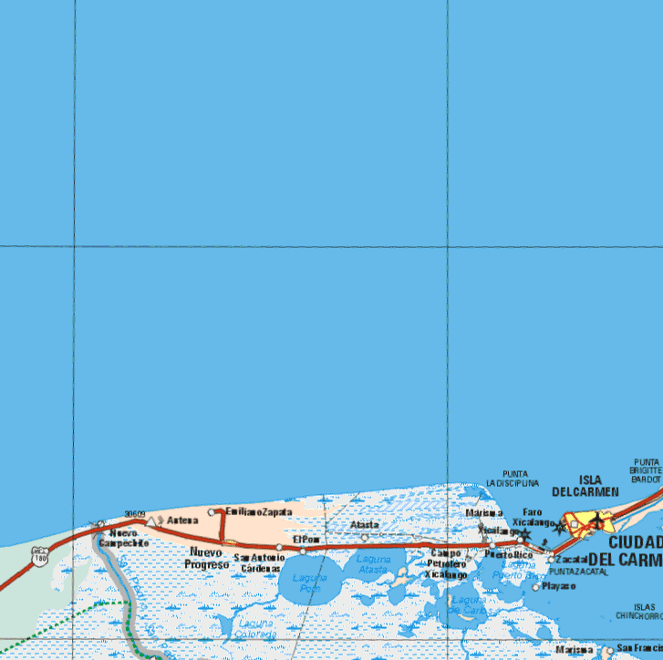 This map shows the major cities (ciudades) of Isla del Carmen, Nuevo Progreso. The map also shows the towns (pueblos) of Emiliano Zapata, El Pon Atasta, San Antonio Cardenas, Campo petrolero Xicalaugo, Zacatal, Playaso, San Francisco.