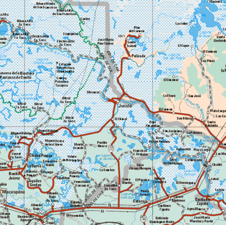 This map shows the major cities (ciudades) of Jomita, Emiliano Zapata. The map also shows the towns (pueblos) of Santa Isabel, Palizada, Santa Gertrudis, El Games, Las Piñas, El Limonal, La Etapa, san Jose, Mata Larga, San Hilario, Santa Adelaida.