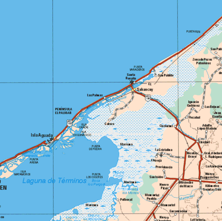 This map shows the major cities (ciudades) of Sabancuy, Isla Aguada. The map also shows the towns (pueblos) of Las Palomas, San Pablito, Las Ruinas, Ignacio Gutierrez, Oxcatal, Adolfo Lopez Mateos, Calaxo, Chekntml, Chichul, La Cristalina, Chivoja, Nicolas Bravo, Gral Abelardo L. Rodríguez, Nuevo Progreso Dos, providencia, San Isidro, Nuevo Pital, Diceciocho de Marzo, Kilómetro Treita y Seis, Polboxal, Manantel, La Victoria.