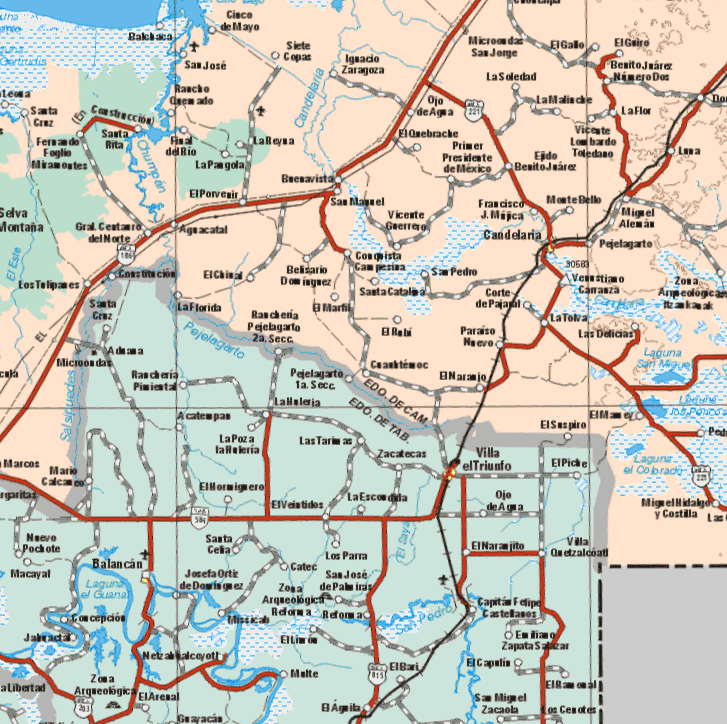 This map shows the major cities (ciudades) of Candelaria. The map also shows the towns (pueblos) of Santa Cruz, Fernando de F. Miramontes, Santa Rita, Final del Rio, San Jose, Cinco de Mayo, Siete Copas, Ignacio Zaragoza, La Reyna, Ojo de Agua, El Quebrache, La Soledad, El Gallo, El Cairo, Benito Juárez N.2, La Malinche, la Flor, Luna, Vicente Lombardo Toledano, Ejido Benito Juárez, Primer Presidente deMexico, El Quebrache, La Pangola, Buenavista, El Porvenir, San Manuel, Vicente Guerrero, Francisco J. Mujica, Montebello, Miguel Aleman, Gral, C. Del Norte, Agracatal, Pejelagarto, Conquista campesina, Los Tulipanes, Costitucion, El Chinal, Belisario Domínguez, Santa Catalina, San Pedro, Venustiano Carranza, Santa Cruz, La Florida, Rancheria Pejelagarto 2ª. Seccion, El Marfil, El Rubi, paraíso Nuevo, Corte de Pajatul, La Tolva, las Delicias, Paraíso Nuevo, Cuauhtemoc, El Naranjo, Miguel Hidalgo y Costilla.