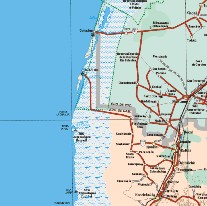 This map shows the major cities (ciudades) of Nunkini, Calkimi, Dzitbalche, Hecelchakan. The map also shows the towns (pueblos) of Tanchen, San antonio Siro, San Nicolas, CuchNolock, Becal, Tepakan, Santa Cruz, Puciaches, Santa Maria, Concepción, San Antonio Sak cahcahches, Bacatrchen, Dzotchen, Poc Boc, Santa Cruz, dzitrop, Xkakoch.