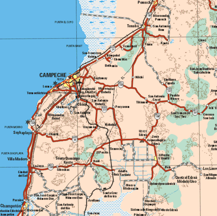 This map shows the major cities (ciudades) of Campeche, Lerma, Pomuch, Tenabo, Alfredo V. Bonfil, Champoton. The map also shows the towns (pueblos) of San Antonio How, Kanki, Tises, xcancheil, Chavi, San Francisco Kobes, Hsmpolol, Chem Blas, Nilchi, Castanay, Emiliano Zapata, pueblo Nuevo, San Antonio Cayal, San antonio Bobola, China, Pocyacim, San Agustín Ota, Uayamon, San Francisco Suc Tec, Crucero San Luis, Nokayal, Xkestil, El Pocito, Santo Domingo Keste, La joya, Cuidad del Sol, Villa Madero, Paraíso, Sihochac, San Jose Carpizo N.2, San jose Carpizo N.1, San Antonio del Rio, Arellano, Santa Cruz de Rovka, Adolfo Ruiz Cortinez, Pich, nuevo Michoacán, Melchor Ocampo, Quetzal Edzna Modulo Uno, Sistema de Riego del Valle de Edzna, San Miguel Allende.