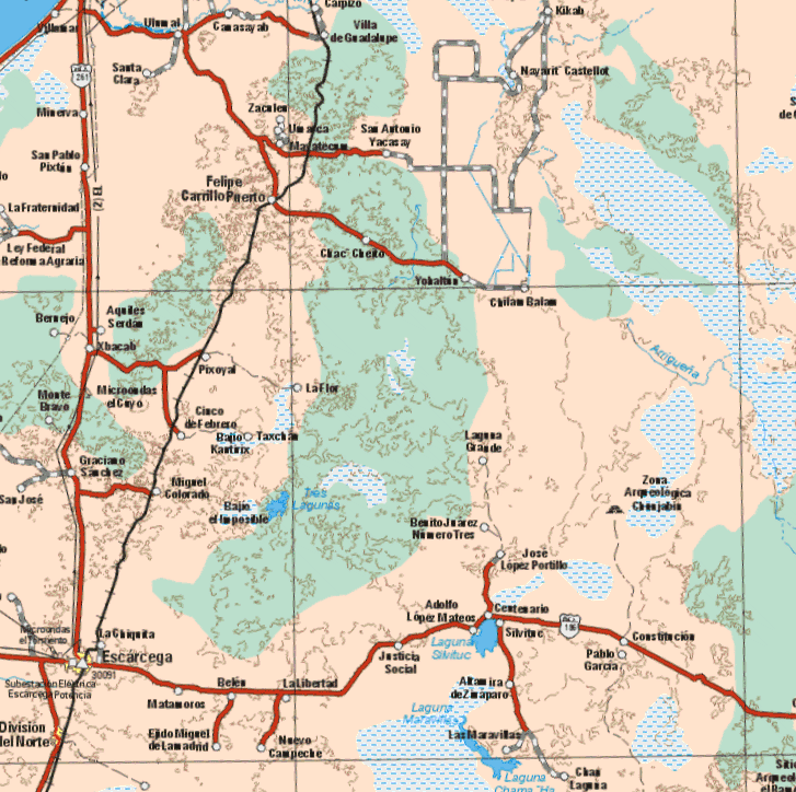 This map shows the major cities (ciudades) of Escarcega, Division del Norte. The map also shows the towns (pueblos) of Villanueva, Santa Clara, Villa de Guadalupe, Kikah, Nayarit Castellot, Campizo, un Seca, San Antonio Yacasay, Minerva, San Pablo Pixtun, Felipe Carrillo Chac Cheko, Yohaltun, Ley Federal Reforma agraria, Barrejo, Aquiles Serdan, Xbacab, Pixoyal, La Flor, Monte Bravo, Cinco de Febrero, Taxchan, San Jose, Graciano Sánchez, Miguel Colorado, Laguna Grande, Benito Juárez N.3, La Chiquita, Matamoros, Jose Lopez Portillo, Adolfo Lopez Mateos, Belen, La Libertad, ejido Miguel de la Madrid, Nuevo Campeche, Justicia Social, Centenario, Silvestre, Altamira de Ziraparo, Pablo Garcia, Costitucion, Las maravillas, Clas Lagua.