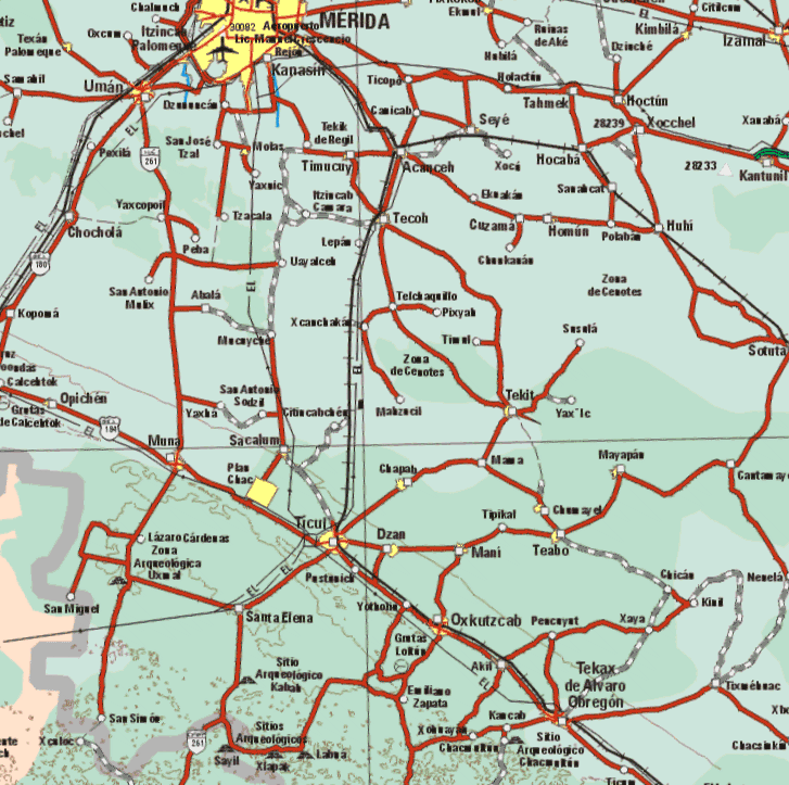 The map also shows the towns (pueblos) in Campeche (bottom left) of San Miguel, Xcolot, Sayil.