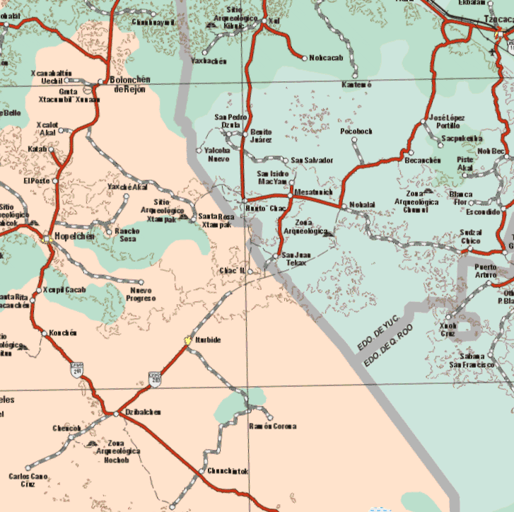 This map shows the major cities (ciudades) of Iturbide, Hopelchen. The map also shows the towns (pueblos) of Bolonchen de Rejon, Xtacumbil, Xunaza, Xcalot Akal, Katah, El Poste, Yascheakal, Santa Rosa Xtampak, Rancho Sosa, Chac IL,Nuevo Progreso, Xcnpil Cacah, Konchen, Ramon Corona, Chenkk, Carlos Cano Cruz, Chunchintok.