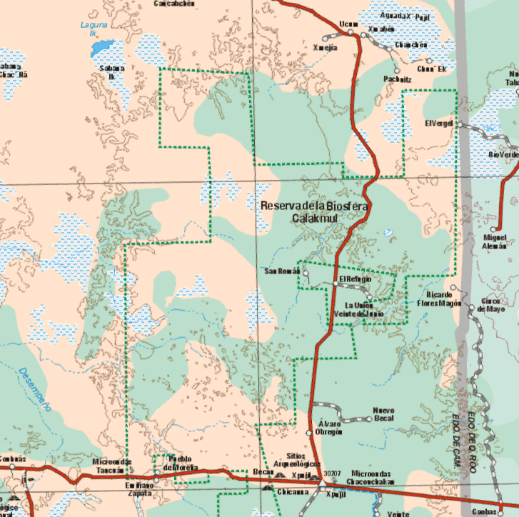 This map shows the towns (pueblos) of Xmejia, Ucum, Chanchen, Chun Ek, Pachuitz, El Vergel, San Roman, El Refugio, La union Veinte de Julio, Ricardo Flores Magon, Cinco de mayo, Nuevo Bocal, Alvaro Obregón, Pueblo de Morelia, Emiliano Zapata, Xpejil.