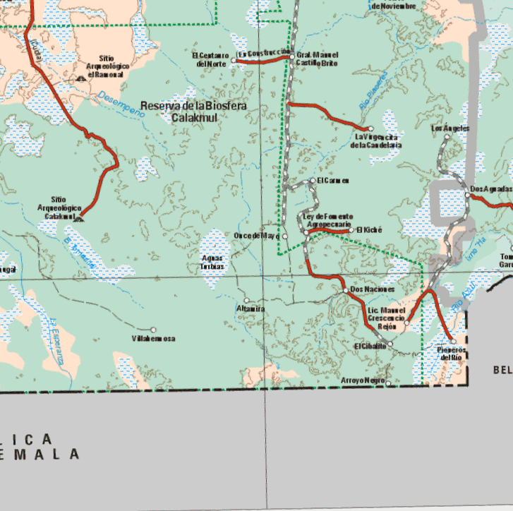 This map shows the towns (pueblos) of El centauro del Norte, Gral,. Manuel Castillo Brito, La Virgencita de Candelaria, Los Angeles, El Carmen, Dos Agradas, Ley de Fomento Agropecuario, El Kiche, Once de Mayo, Dos Naciones, Lic, Manuel Crecencio Rejon, El Cibalito, Pieseros del Rio