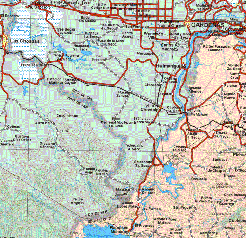 The map also shows the towns (pueblos) of Rafael Pascasio Gamboa, Morelos 2ª. Sección, Santa Cruz, Ignacio Allende, Paraíso, Mundo Nuevo, Villa San Manuel, Juárez, Triunfo 2ª. Sección, Platanar Abajo 2ª. Sección, Copano 1ª. Sección, Sunuapa, Catedral de Chiapas, Nicapa, Ostuacan, Almacohite 3ª. Sección, Romulo Calzada, Adolfo López Mateos, Las Palmas, San Miguel, Rivera el Viejo Carmen, Vicente Guerrero.