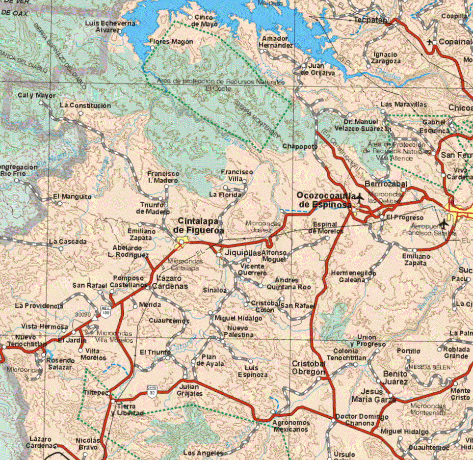 This map shows the major cities (ciudades) of Cintalapa de Figueroa, Jiquipilas, Ocozocoautla de Espinosa, Berriozabal.The map also shows the towns (pueblos) of La Constitución, Juan de Grijalva, Las Maravillas, Gabriel Esquinca, Dr. Manuel Velasco Suárez L., Chapopote, Viva Cárdenas, Francisco I. Madero, Francisco Villa, La Florida, El Progreso, Triunfo de Madero, Espinal de Morelos, Emiliano Zapata, La Cascada, Abelardo L. Rodríguez, Alfonso Miguel, Emiliano Zapata, Hermenegildo Galeana, Vicente Guerrero, San Rafael, Pomposo Castellanos, Lázaro Cárdenas, Sinaloa, Andrés Quintana Roo, La Providencia, Mérida, Cristóbal Colon, San Rafael, Cuauhtemoc, Miguel hidalgo, Nueva Palestina, Vista Hermosa, Nuevo Tenochtitlan, El Jardín, Villa Morelos, Rosendo Salazar, El Triunfo, Plan de Ayala, Luis Espinosa, Cristóbal Obregón , Colonia Tenochtitlan, Unión y Progreso, Portillo, Roblada, Grande, Benito Juárez, Monte Cristo, Luis Espinosa, Jesús Maria Garza, Monte Cristo, Rosendo Salazar, Julián Grajales, Lázaro Cárdenas, Nicolás Bravo, Tiltepec, Tierra y Libertad, Los Angeles, Agrónomos Mexicanos, Doctor Domingo Chanona, Cuauhtemoc, Miguel Hidalgo, Nicolás Bravo, Lázaro Cárdenas.