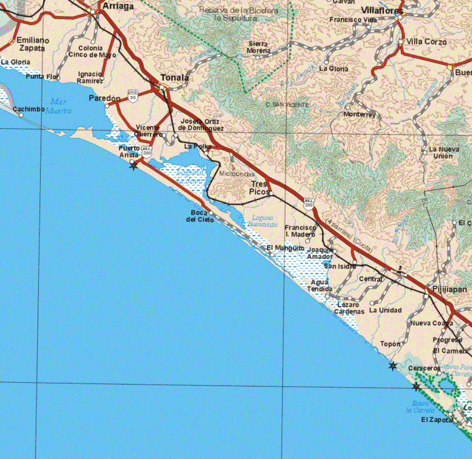 This map shows the major cities (ciudades) of Arriaga, Tonala, Villaflores, Villa Corzo, Buenavista, Pijijiapan, Emiliano Zapata.The map also shows the towns (pueblos) of La Gloria, Colonia Cinco de Mayo, Sierra Morena, Francisco Villa, Galván, La Gloria, Punta Flor, Ignacio Ramírez, Paredón, Monterrey, Vicente Guerrero, Josefa Ortiz de Domínguez, La Polka, La nueva Unión, Puerto Arista, tres Picos, Boca del Cielo, Francisco I. Madero, El Manguito, Joaquín Amador, San isidro, Agua Tendida, Lázaro Cárdenas, Central, La Unidad, Nueva Coapa, Topon, Ceniceros, Progreso, El Carmen, El Zapotal.