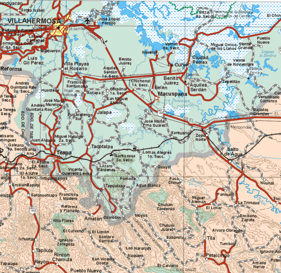 This map shows the major cities (ciudades) of Reforma.The map also shows the towns (pueblos) of Andrés Quintana Roo 2ª. Sección, Galeana, 1ª. Sección, Santa Ana, Mariano, El Azufre 1ª. Sección, Bajadas Grandes, Salto de Agua, Huanal, Panhutz, Ixtapangajoya, Emiliano Zapata, Paso China, Solosuchiapa, Francisco I. Madero, Miguel Alemán, Panhuitz, El Limar, La Trinidad, Reforma y Planada, Amatan, Oxolotan, Moyos, Chulum Cárdenas, Villa Flores, Amatan, Oxolotan, Moyos, Emiliano Zapata, Villa Flores, Ixhuatan, Tapalapa, Tapilula, Rayón, Rincón Chamula, Ignacio Zaragoza, El Calvario, El Limón, Sombra Carrizal, San Vicente Ocotal, Los Naranjos, Naquen, Chulum Juárez, Sabanilla, Tila, Alvaro Obregón, Tumbala, Petalcingo, El Calvario, Amado Nervo, Ignacio Allende. Pueblo Nuevo.