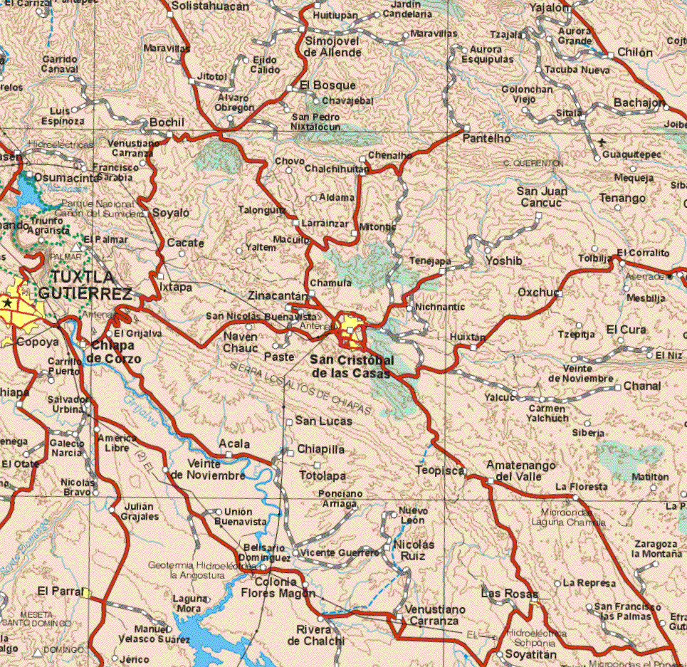This map shows the major cities (ciudades) of Tuxtla Gutiérrez, Chiapa de Corzo, San Cristóbal de las Casas, El Parral, Las Rosas.The map also shows the towns (pueblos) of Solistahuacan, Huitlupan, Jardín Candelaria, Yajalon, Maravillas, Simojovel de Allende, Maravillas, Aurora, Tzajala, Aurora Grande, Chilon, Carrido Carnaval, Jitotol, Ejido Calido, Aurora Esquiputas, Tacuba Nueva, Luis Espinosa, Alvaro Obregón, El Bosque, Chavajebal, Golonchan Viejo, Bachajon, Bochil, San pedro Nixtalocun, Sitala, Venustiano Carranza, Chavo, Chanalho, Pantelno, Guaquitepec, Chalchihuitan, Francisco Sarabia, Osumacinta, Chalchihuitan, Mequeja, San Juan Cancuc, Tenango, Aldama, Soyalo, Talonguita, Larrainzar, Mitontic, Triunfo Agrarista, El palmar, Cacate, Macuito, Yaltem, Tenejapa, Yoshib, Torbija, El Corralito, Ixtapa, Chamula, Nichnantic, Huixtan, Oxchuc, Mexbija, Zinacantan, San Nicolás Buenavista, Naven Chauc, Paste, El Grijalva, Vente de Noviembre, El Cura, Tzepitja, Paste, Carrillo Puerto, El Niz, Hiapa, salvador Urbina, Yalcuc, Carmen Yalchuch, Chanal, San Lucas, Siberia, América Libre, Galecio Narcia, El Otate, Nicolás Bravo, Julián Grajales, Manuel Velasco Suárez, Jericó, Acala, Veinte de Noviembre, Unión Buenavista, Belisario Domínguez, Laguna Mora, Colonia Flores Magon, Rivera de Chalchi, Chiapilla, Totolapa, Ponciano Arraiga Vicente Guerrero, Nuevo León, Nicolás Ruiz, Venustiano Carranza, Teopisca, Amatenango del Valle, Soyatitan, La Floresta, Siberia, Matiton, Zaragoza la Montaña, San Francisco las Palmas.