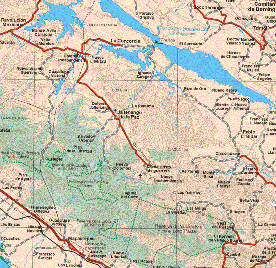 This map shows the major cities (ciudades) of Revolución Mexicana, Jaltenango de la Paz, Mapastepec, La Concordia, Comitan de Domínguez.The map also shows the towns (pueblos) of Manuel Avila Camacho, Valle Morelos, Paraíso Grijalva, Socoltenango, Ochusjob, Tzimo, El Santuario, Dr. Manuel Velasco Suárez, Héroes de Chapultepec, Colonia independencia, Nueva Libertad, Francisco J. Mújica, Felipe Angeles, Ignacio Zaragoza, Nuevo Vicente Guerrero, Guadalupe Victoria, Ignacio Zaragoza, Rizo de Oro, nuevo Retiro, Puerto Rico, Benito Juárez, Nueva América, Dolores Jaltenango, La Reforma, Francisco I. Madero, Pablo L. Sidar, Salvador Urbina, Plan de la Libertad, Chicomuseo, Custepec, Nueva Colombia, Plan de Ayala, Las Perlas, Monte Cristo de Guerrero, La Flores, Monte Sinal, Nuevo pacayal, Lázaro Cárdenas, Nueva Independencia, Laguna del Catre, Las Delicias, Bella Vista, Las Moras, Hermenegildo Galeana, Guadalupe Victoria, Las Brisas, Hidalgo Novillero, Las Moras, la Soledad, Siltepec, Vega del Rosario, El porvenir de Velasco Suárez, Hidalgo Novillero, Francisco Sarabia, Los Limones, Nueva Sesecapa, Nueva Libertad, los Cacaos, Mazapa de Madero.