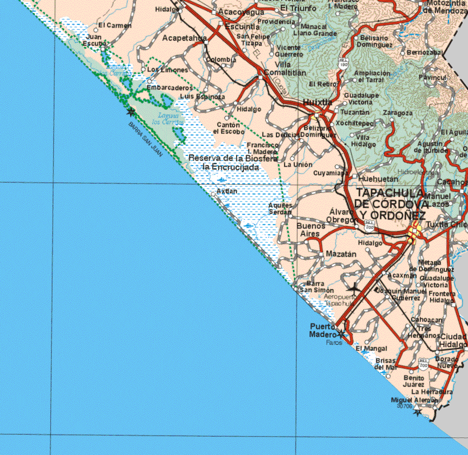 This map shows the major cities (ciudades) of Huixtla, Tapachula de Córdoba y Ordóñez.The map also shows the towns (pueblos) of Hidalgo, Acacoyagua, El Triunfo, Motozintla de Mendoza, El Carmen, Escuintla, Providencia, Manacal, Llano Grande, Juan Escutia, Acapetahua, Escuintla, San Felipe Tizapa, Belisario Domínguez, Vicente Guerrero, Colombia, Villa Comoltitlan, Los limones, Ampliación el Tarral, Pavincul, Villa Comaltitlan, El Retiro, Embarcaderos, Luis Espinosa, Guadalupe Victoria, Tuzantan, Zaragoza, Cantón el Escobo, Las Delicias, Xochiltepec, Villa hidalgo, El Aguila, Francisco I. Madero, La Unión, Villa Hidalgo, Agustín de Iturbide, Cuyamiapa, Huhuetan, Manuel Lazos, Aquiles Serdan, Alvaro Obregón, Buenos Aires, Hidalgo, Mazatan, Barra San Simón, Puerto Madero, El Mangal, Brisas del Mar, Benito Juárez, La herradura, Miguel Alemán, Metapa de Domínguez, Acaxman, Guadalupe Victoria, Joaquín Manuel Gutiérrez, Frontera Hidalgo, Cahoacan, Tres hermanos, Ciudad Hidalgo, Dorado Nuevo, Benito Juárez, Cacahoa.