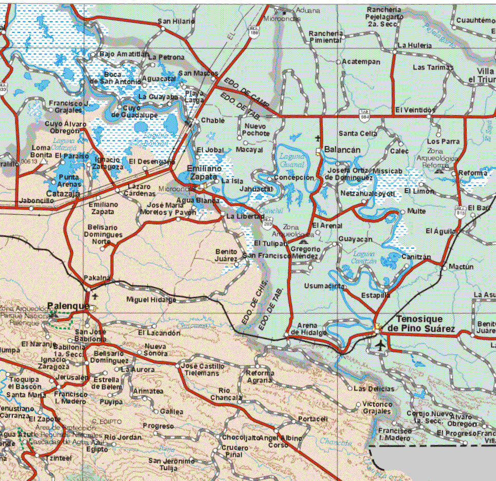 This map shows the major cities (ciudades) of Palenque, Emiliano Zapata.The map also shows the towns (pueblos) of Cuyo Alvarado Obregón, Loma Bonita, El Paraíso, Punta Arenas, Ignacio Zaragoza, El Desengaño, Lázaro Cárdenas, Jaboncillo, Agua Blanca, José Maria Morelos y Pavón, La Libertad, Belisario Domínguez Norte, Benito Juárez, Pakalna, Miguel Hidalgo, San José, Babilonia, El Naranjo, Ignacio Zaragoza, Belisario Domínguez, Nueva Sonora, La Aurora, José Castillo Tielemans, Reforma agraria, Las Delicias, Victorio Grajales, Jerusalén, Tioquipa el Bacón, Santa Maria, Francisco I. Madero, Estrella de Belén, Arimatea, Río Chancala, Puyipa, El Zapote, Galilea, Portacel, Progreso, Aguila Azul, Zinteel, Egipto, Río Jordán, San Jerónimo Tulija, Chocoljalto, Crucero, Piñal, Albino Corso, Portacel.