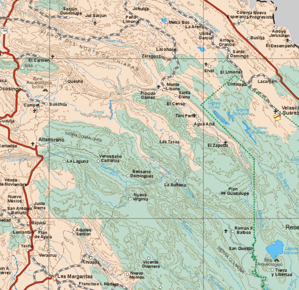 This map shows the major cities (ciudades) of Ocosingo, Velasco Suárez, Las Margaritas.The map also shows the towns (pueblos) of Sacjun Guadalupe, Jol Sacjun, Pena, Limonal, Joltulija, Colonia Nueva Esperanza Progresista, Metza Boc, La Areria, Ubitio García, Arroyo Granizo, Busilija, Arroyo Jerusalén, El Desempeño, Lacandon, Zaragoza, Santo Domingo, El Carmen, Sival, El Limonar, La Carija, Cintalapa, Queshil, Monte Libano, Placido Gómez, Santa Elena, El Censo, Sushila, Campet, Agua Azul, Tani Peril, Altamirano, Las Tazas, El Zapotal, La Laguna, Venustiano Carranza, Belisario Domínguez, La Sultana, Plan de Guadalupe, Nueva Virginia, Veinte de Noviembre, Nuevo México, San Antonio Bahuitz, Justo Sierra, Bajucu, Lomantan, Plan de Ayala, Aquiles Serdan, Ramón F. Balboa, San Quintin, Tierra y Libertad, Vicente Guerrero, Nuevo Momon, Chiapas, Veracruz, Francisco I. Madero, Yaxha.