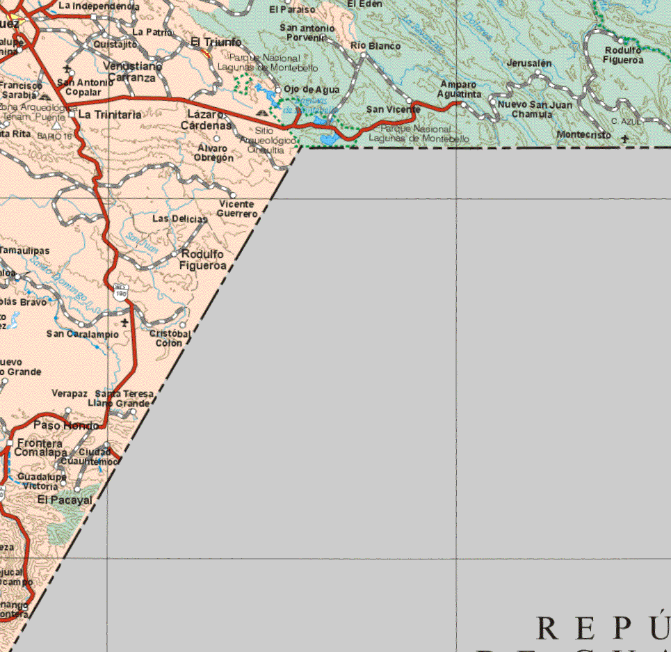 This map shows the major cities (ciudades) of El Triunfo.The map also shows the towns (pueblos) of La independencia, Quistajito, La Patria, El paraíso, El Edén, San Antonio Porvenir, Río Blanco, Francisco Sarabia, San Antonio Copalar, Venustiano Carranza, Ojo de Agua, Amparo Agua Tinta, Jerusalén Rodolfo Figueroa, la Trinitaria, Lázaro Cárdenas, San Vicente, Nuevo San Juan Chamutla, Montecristo, La Trinitaria, Alvaro Obregón, Vicente Guerrero, las Delicias, Rodolfo Figueroa, Tamaulipas, San Caralampico, Cristóbal Colon, Verapaz, Santa teresa llano Grande, Paso Hondo, Frontera Comapala, Ciudad Cuauhtemoc, Guadalupe Victoria, El Pacayal.