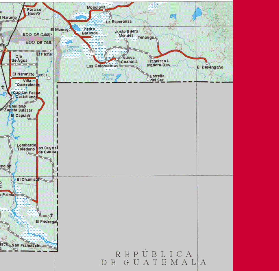 The map also shows the towns (pueblos) of Ojo de Agua, El Piche, El Naranjito, Villa Quetzalcoatl, Capitan Felipe Castellanos, Emiliano Zapta Salazar, El Capullo, Lombardo Toledo, Los Cuyos de Caoba, El Chamizal, El Pedregal, San Francisco.