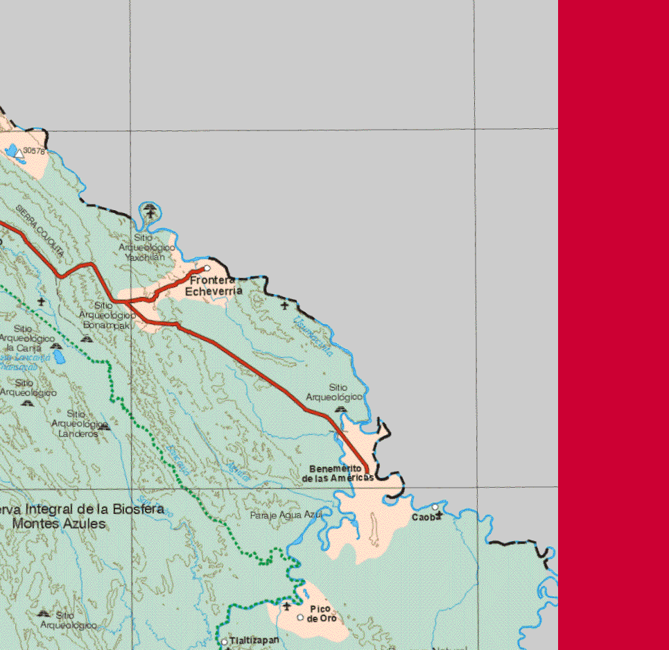 The map also shows the towns (pueblos) of Frontera Echeverría, Benemérito las Americas, Caoba, Pico de oro, Tlaltizapan.