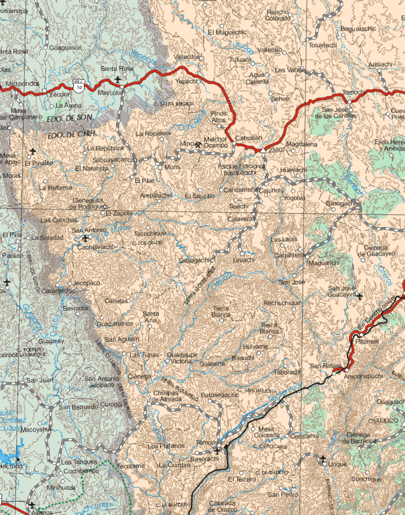 The map also shows the towns (pueblos) of Rancho Colorado, El Maguechic, Beguarachic, Vallecitos, Jutuaca, Tosanachi, Las Varas, Asiachi, Yepach, Agua Caliente, Sehue, Tomochi, San José de los Canifes, Pinos Altos, La Nopalera, Melchor Ocampo, Cahuison, Magdalena, La Republica, Mesa de Abajo, El Pinalto, Sahuayacancito, El Naranjito, Morís, Huevachi, Moras, La Reforma, el Pilar, Cieneguilla de Rodríguez, Arepilachic, El Saucillo, Candamena Cajurichi, Yoquivo, Basogachlo, Soachi, El Zapote, Calaveras, Las Conchas, San Antonio, Tacochique, La Soledad, Gasogachic, Uruachi, Las Lajas, Carpinteria, Ciénega de Guacayvo, Manguarichi, Jecopaco, Canelas, San José, San José Guacayvo, Rechuchique, Tierra Blanca, Santa Ana, Guazaremos, San Agustín, Las Tunas, Huiyame, Pitorreal, Guadalupe Victoria, Basuchi, Taborachi, San Rafael, Areponapuchi, Ciénega, Chinilpas de Almada, Batosegachic, Mesa Colorada, Cerocahui, Ciénega de Barranca, Temoris, Los Platanos, Yecolame, La Cumbre, Basorachi, El Terrero, Colorada de Orozco, San Pedro, Unque, Sonchique.