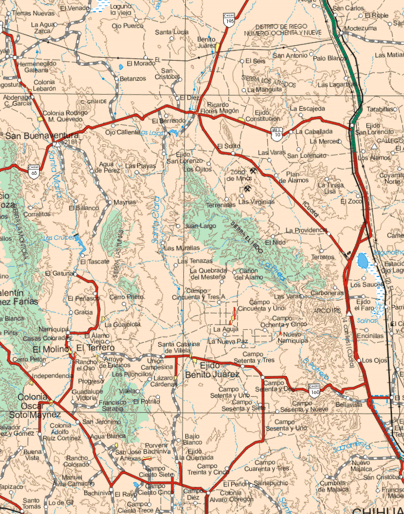 This map shows the major cities (ciudades) of Benito Juárez, Colonia Rodrigo M. Quevedo, Ejido Constitución, Campo Cincuenta y Uno, Nuevo Namiquipa, La Guajolota, El Molino, El Terrero, Rancho el Oso, Independencia, Colonia Oscar Soto Maynez, Rancho el Oso, Ejido Benito Juárez, Lázaro Cárdenas, San José y anexas, Porvenir Bachiniva.The map also shows the towns (pueblos) of Tierras Nuevas, El Venado, El agua Zarca, Laguna Vieja, Ojo de Puerco, Santa Lucia, San Carlos, El Roble, Moctezuma, Hermenegildo Galeana, el Morado, El Seis, San Antonio, Palo Blanco, Angostura, Betanzos, San Cristóbal, La Manguita, Las Lagartijas, Abdenago C. García, El Diez, Ricardo Flores Magon, La Escajeda, Tarabillas, Ojo Caliente, El Berrendo, La Caballada, Ejido San Lorencito, El Solito, La Merced, Las Varas, san Lorencito, Los Alamos, Agua de Pérez, Las Playas, san Lorenzo, Los Ojitos, Plan de Alamos, La Tinaja Lisa, Corralitos, El Blanco, Maynas, Terrenales, Las Virginias, El Zoco, Juan Largo, La Providencia, El Nido, El Tascate, Las Murallas, Terreros, Las Tenazas, El Gatunal, La Quebrada del Meseño, Cañón del Alamo, Los Sauces, El Peñasco, Cerro Prieto, Campo Cincuenta y Tres A, Las Varas, Carboneras, Ejido el Faro, Gracia, Campo Ochenta y Cinco, Namiquipa, Cerro Pelón, El Alamo Viejo, La Aguja, Encinillas, La Nueva Paz, Campo Setenta y Tres, Los Ojos, Arroyo de Encinos, Unión Campesina, Los Piloncillos, Progreso, Campo Setenta y Uno, Campo Setenta y Dos, Villela, Guadalupe Victoria, Francisco Sarabia, Campo Setenta y Siete, Campo Setenta y nueve, Bellavista, El Potrillo, San Jerónimo, Colonia Adolfo Ruiz Cortinez, San Jerónimo, Agua Blanca, Bajío Blanco, Buena Vista, Santo Tomas, Rancho Colorado, Manuel Avila Camacho, Lo de Gil, Bachiniva, El Rayo, Campo Ciento Trece A, Campo Ciento Siete, Campo Ciento Cinco, Ejido la Quemada, Campo Treinta y Cinco, Campo Diez, El Peñol, Colonia Alvaro Obregón, Campo cuarenta y Tres, Cumbres de Majalca, Nuevo Majalca, San Cristóbal, Francisco I. Madero.
