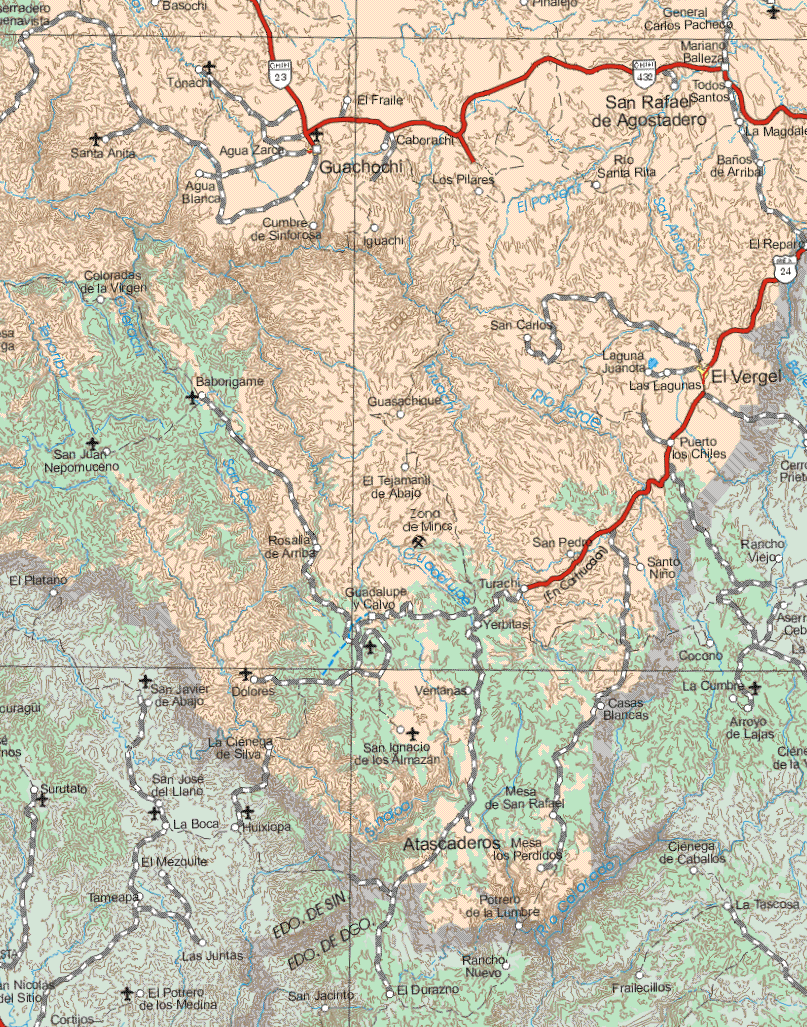 This map shows the major cities (ciudades) of El Vergel.The map also shows the towns (pueblos) of Serradero Buenavista, Basochi, Gral. Carlos Pacheco, Mariano Belleza, Tonachi, El fraile, Todos Santos, Santa Anita, Agua Zarco, Caborachi, San Rafael de Agostadero, La Magdalena, Agua Blanca, Guachochi, Los Pilares, Río Santa Rita, Baños de Arriba, Cumbre de Sinforosa, Iguachi, El Reparo, Coloradas de la Virgen, San Carlos, Baborigame, Guasachique, Laguna Juanota, Las Lagunas, San Juan Nepomuceno, Puerto los Chiles, el Tajamanil de Abajo, El Plátano, Rosalía de Arriba, Guadalupe y Calvo, Turachi, Santo Niño, Yerbitas, Dolores, ventanas, La Ciénega de Silva, San Ignacio de los Almazán, Casas Blancas, Mesa de San Rafael, Atascaderos, Mesa de los Perdidos, Potrero de la Lumbre.